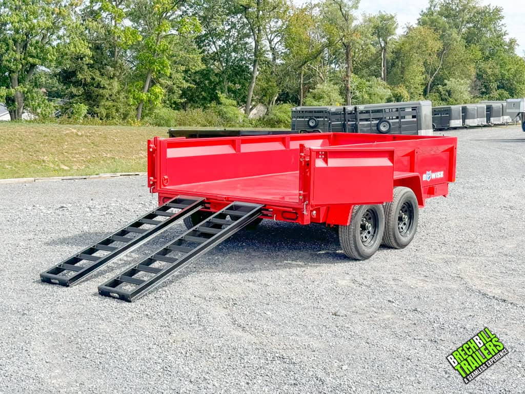 A red 6x12 Bwise LP LE 10K Low Pro Dump Trailer for sale with the ramps down
