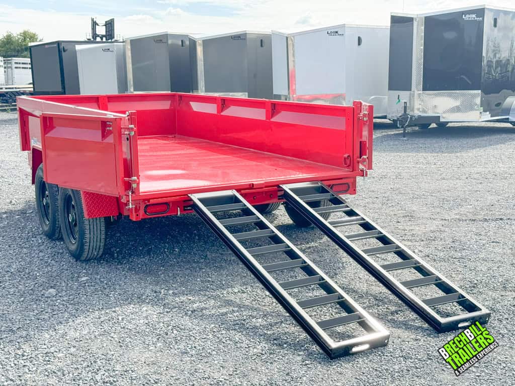 Black ramps on a red Bwise LP LE 10K Low Pro Dump Trailer