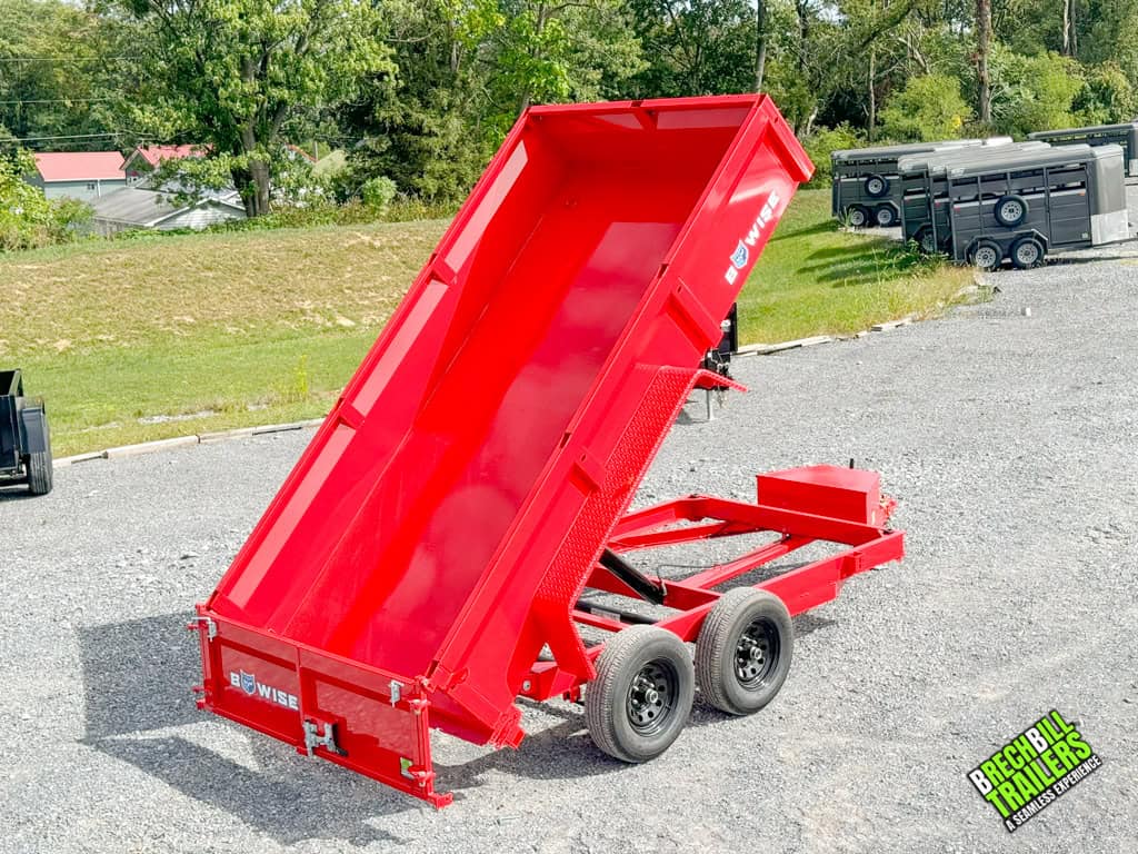 Bwise LP LE 10K Low Pro Dump Trailer in dump position for demonstration purposes.