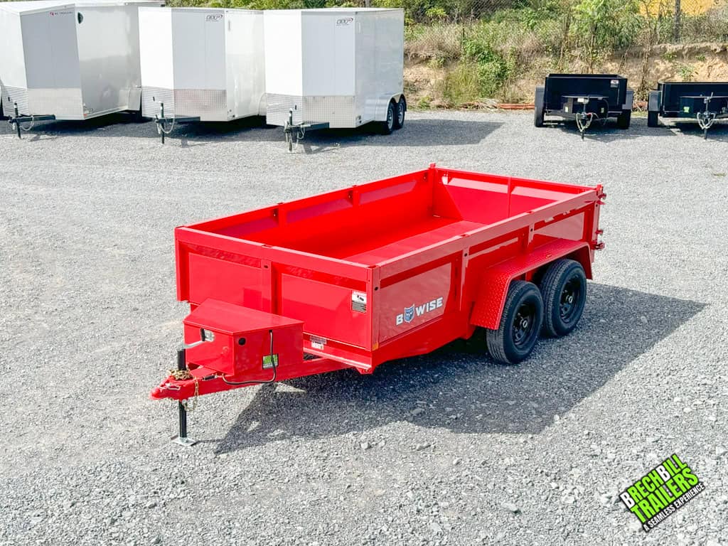 The Bwise LP LE 10K Low Pro Dump Trailer parked on display.