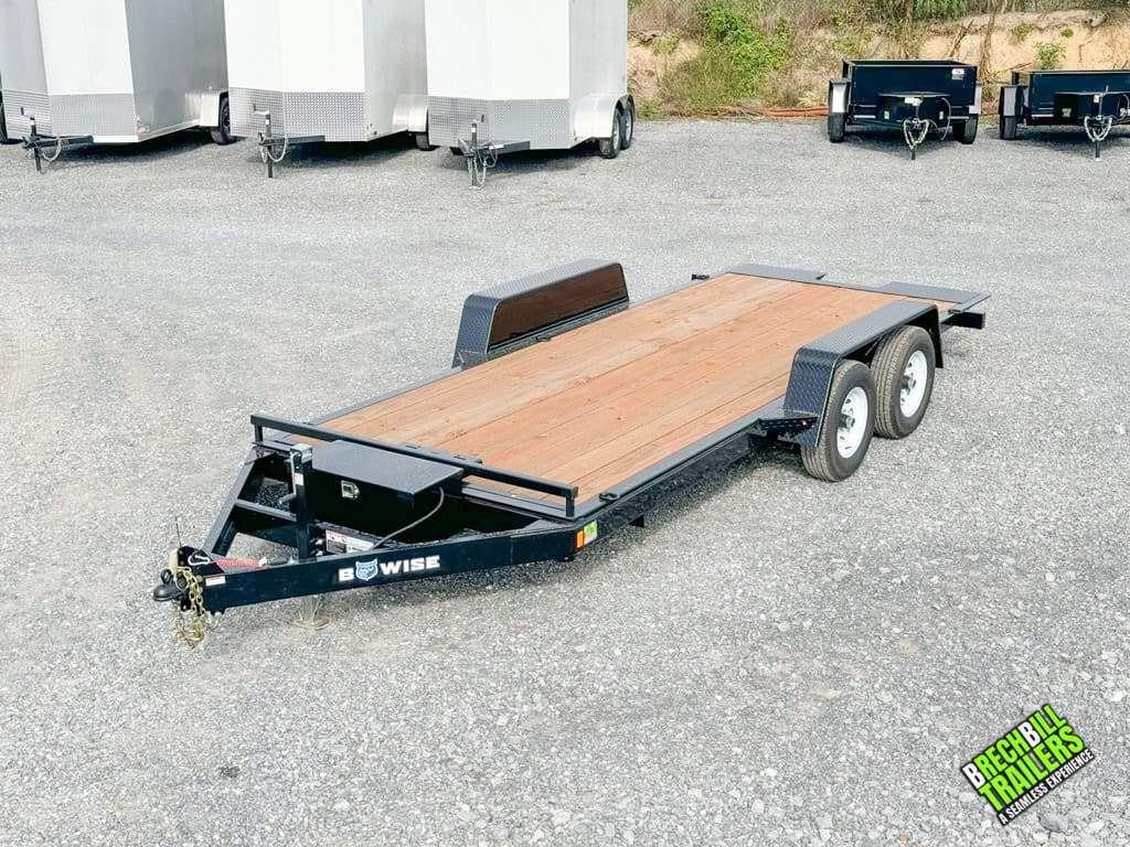 The HT18-10 Bwise Hydraulic Tilt Trailer parked on display.