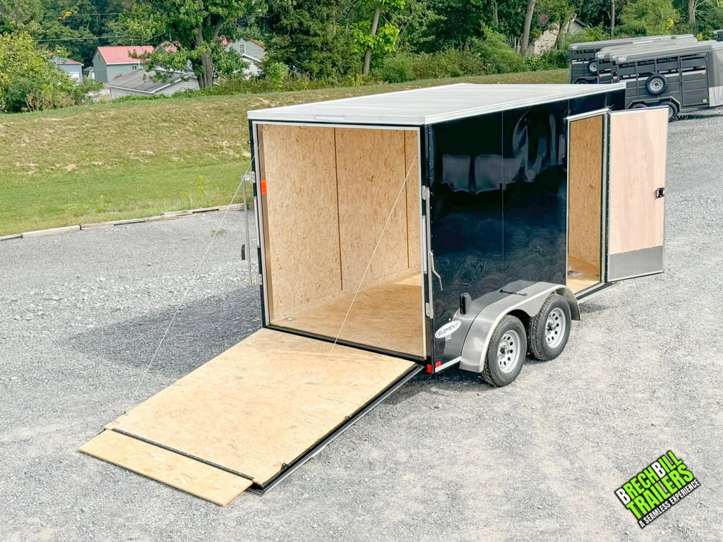 Doors open on a black Look Element SE Cargo Trailer for sale.