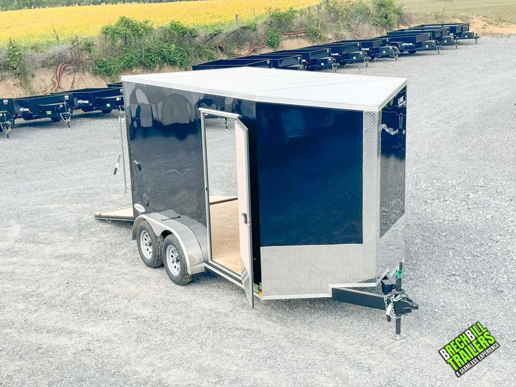 A look at the Look Element SE Cargo Trailer with ramp down and door open.