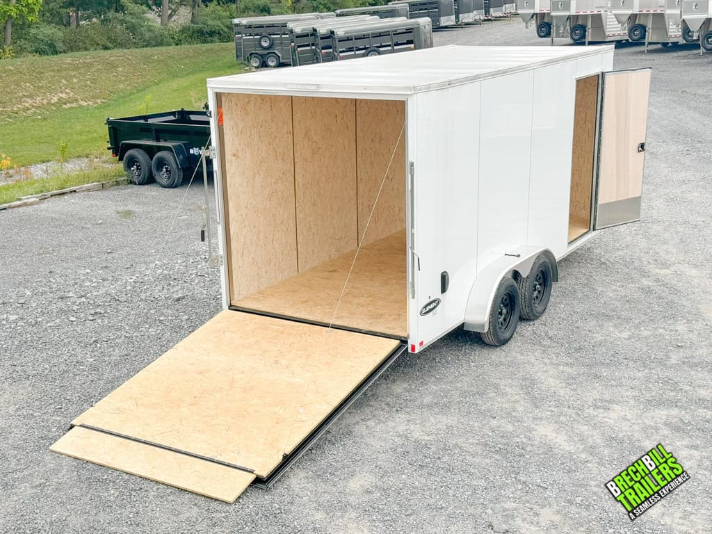 White Look Element SE Cargo Trailer with the ramp down for preview.
