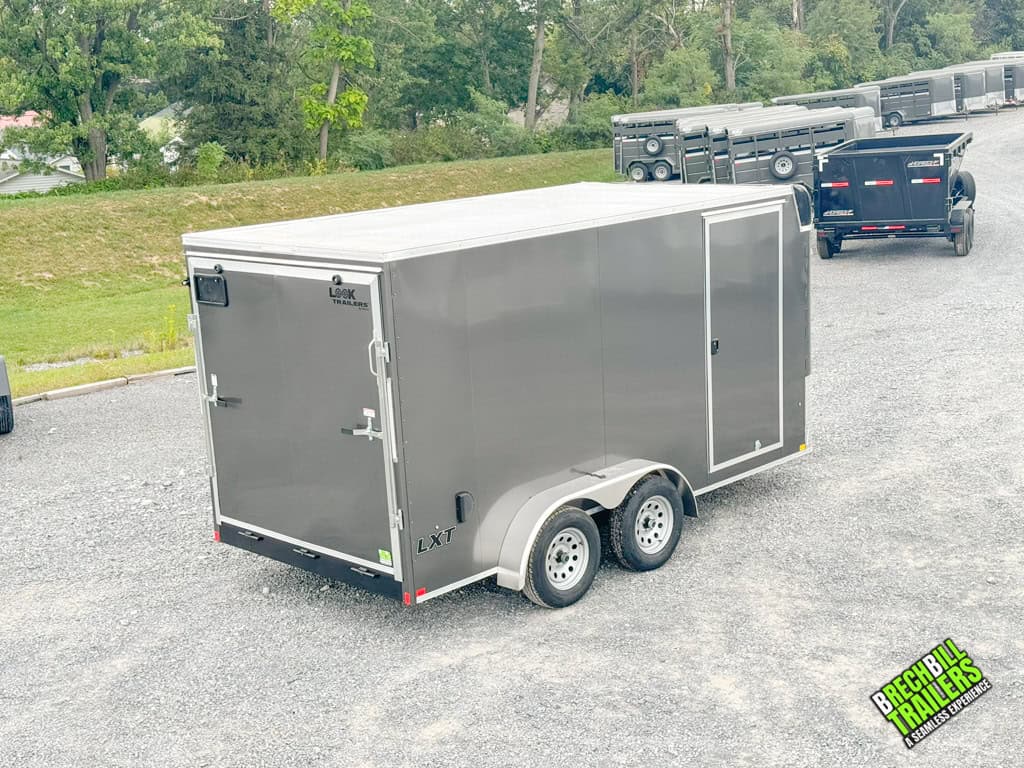 A new 7x14 Look Enclosed Bullnose Car Trailer.