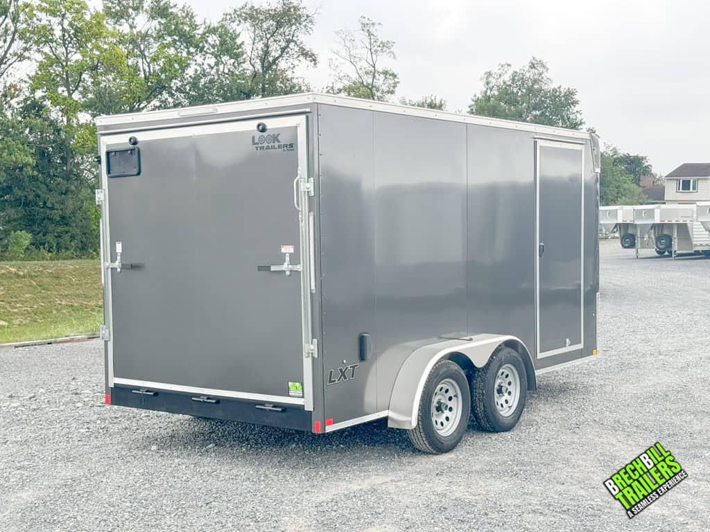 Back view of a new Look Enclosed Bullnose Car Trailer.