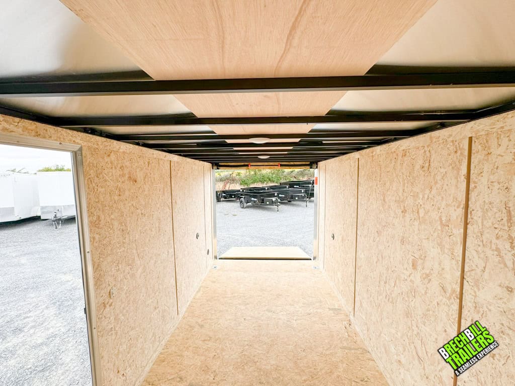Looking out the back of a new Look Enclosed Bullnose Car Trailer.