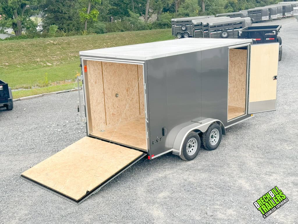 A 7x14 Look Enclosed Bullnose Car Trailer with Recessed D Rings.