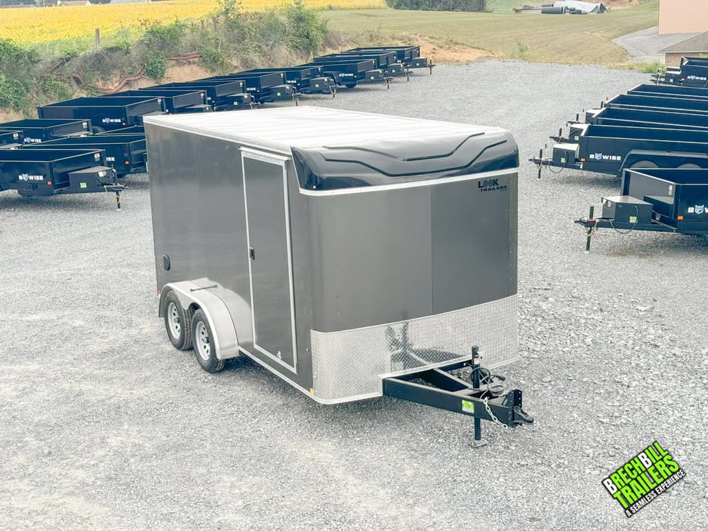 The front of a new Look Enclosed Bullnose Car Trailer for sale.