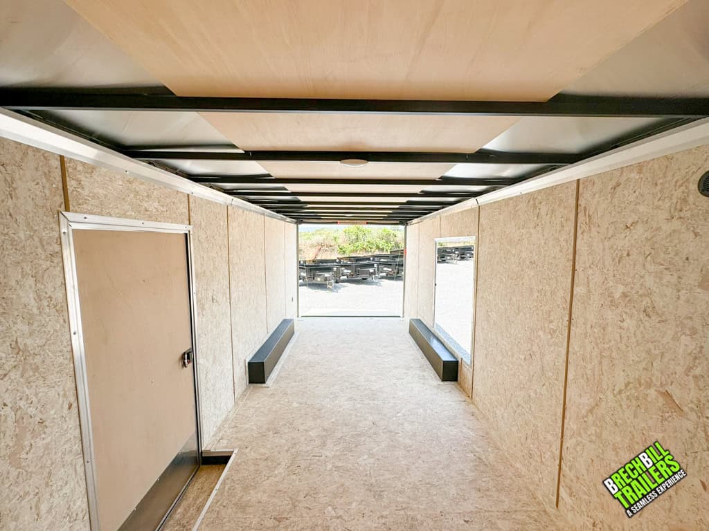 Inside a Look Element Flat Top Cargo Enclosed Trailer looking out of the back.