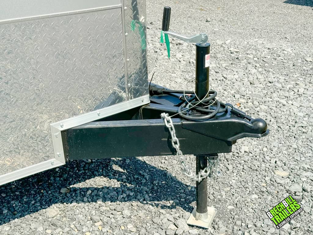 Trailer coupler and jack on a parked Look Element Flat Top Cargo Enclosed Trailer