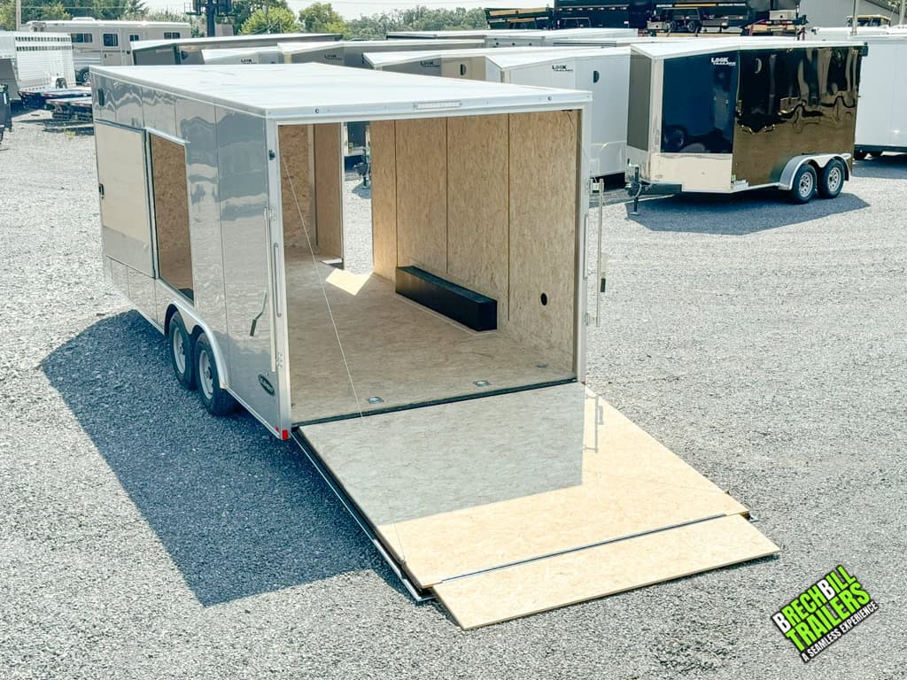 New trailer parked with ramp down to preview the inside.