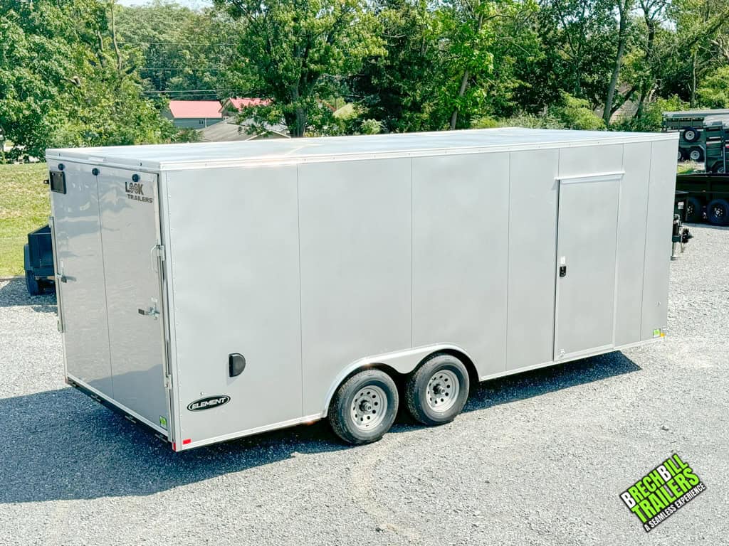 Side view of a new silver Look Element Flat Top Cargo Enclosed Trailer