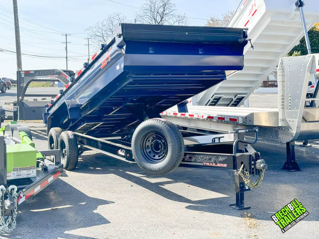 Navy blue Horizon LZ7-17 dump trailer at Brechbill Trailers