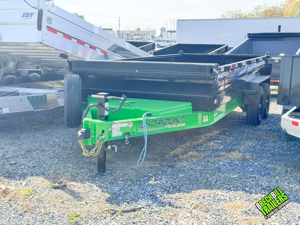 A Horizon 14k hd dump trailer with lime green and black color scheme.