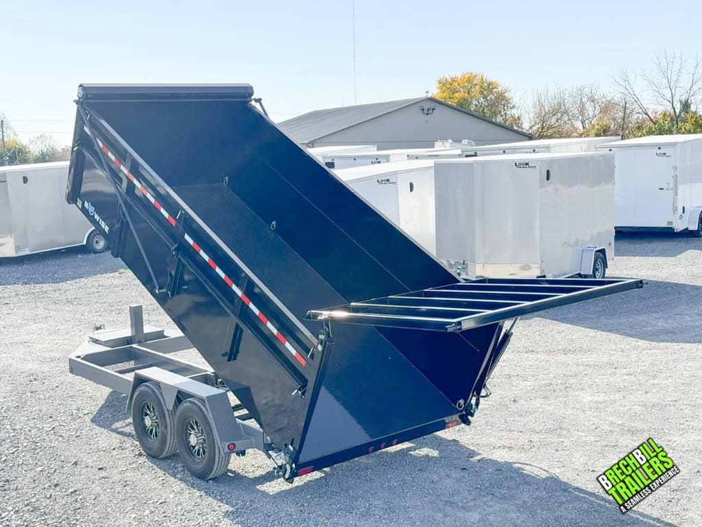 Fully opened door and extended 16ft black Bwise dump trailer