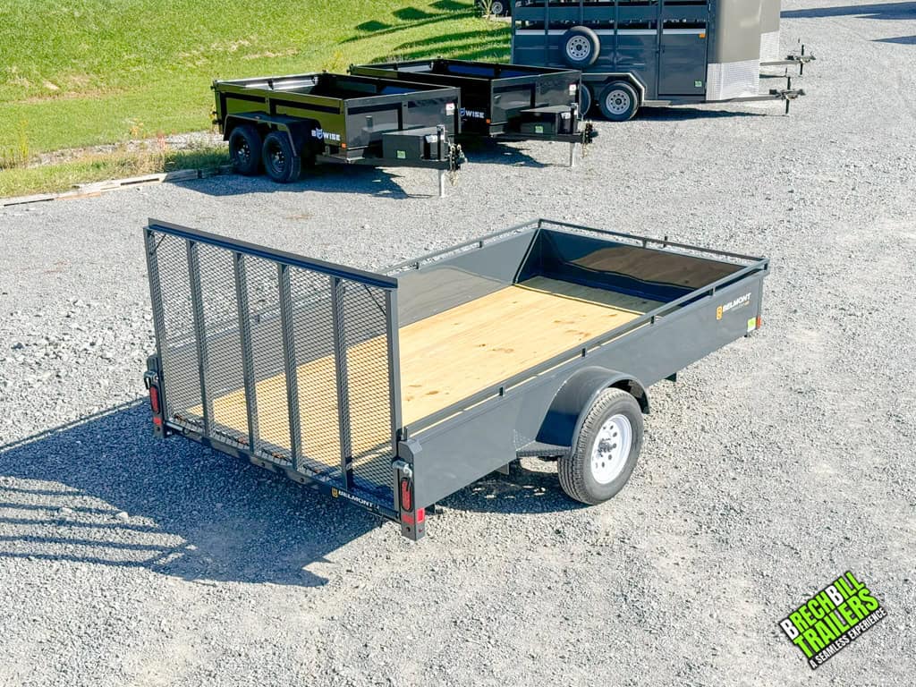 New Charcoal colored Belmont Solid Side Utility Trailer with wood deck.