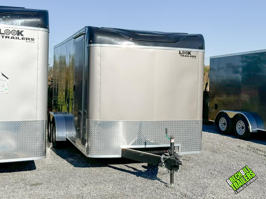 Front view of the Look LXT Enclosed Bullnose Trailer parked and ready for pickup