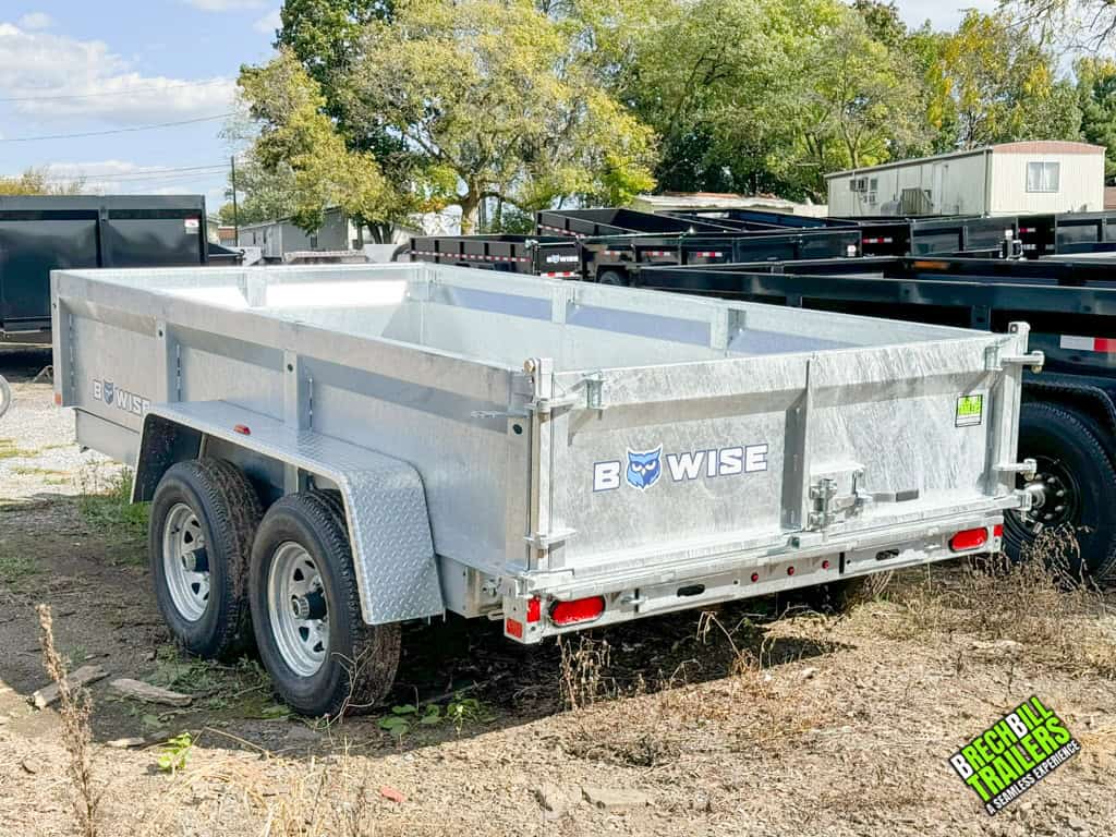 Back view of a galvanized Bwise LP LE 10K Low Pro Dump Trailer
