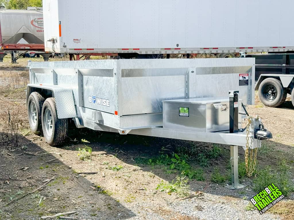 A galvanized dump trailer for sale.