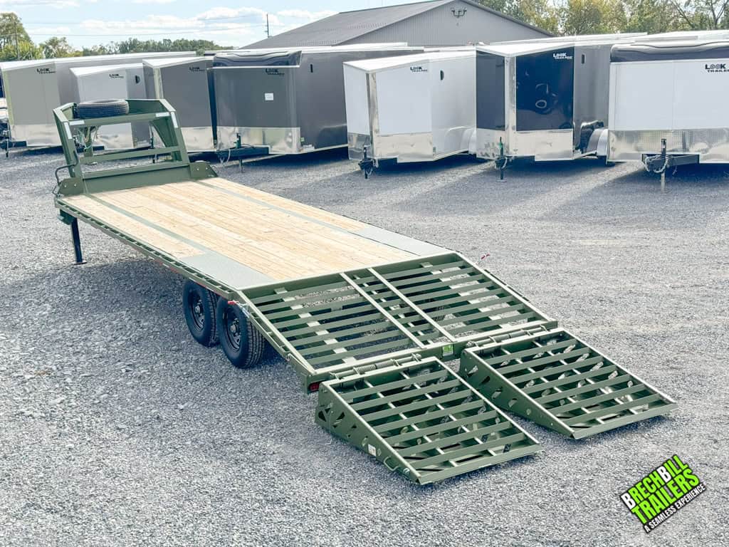 The green ramps down on the Horizon 26ft Deck Over Gooseneck Trailer