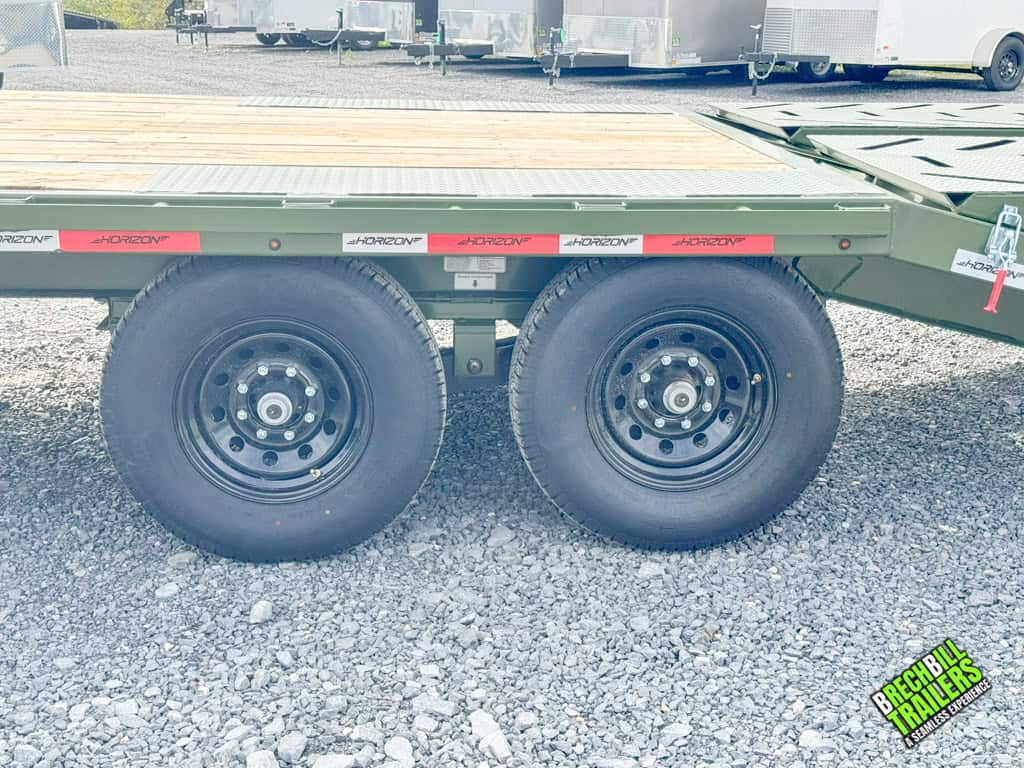 New wheels on a green Horizon 26ft Deck Over Gooseneck Trailer