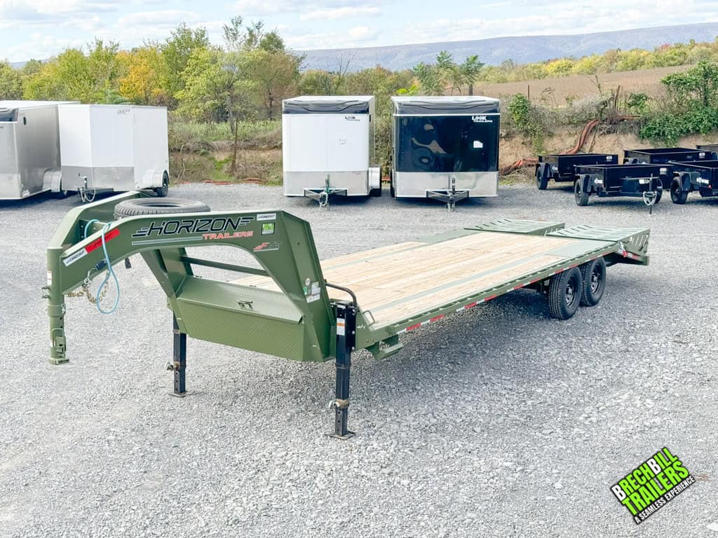 New military green Horizon 26ft Deck Over Gooseneck Trailer with spare tire.