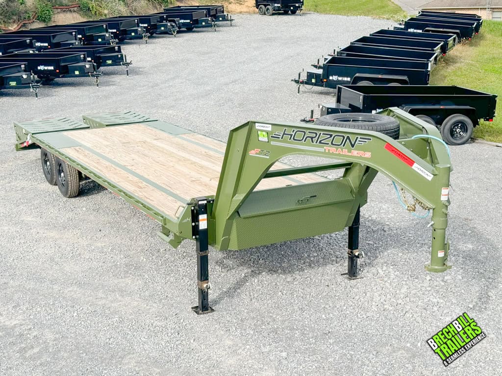Front view of a new military green Horizon 26ft Deck Over Gooseneck Trailer.