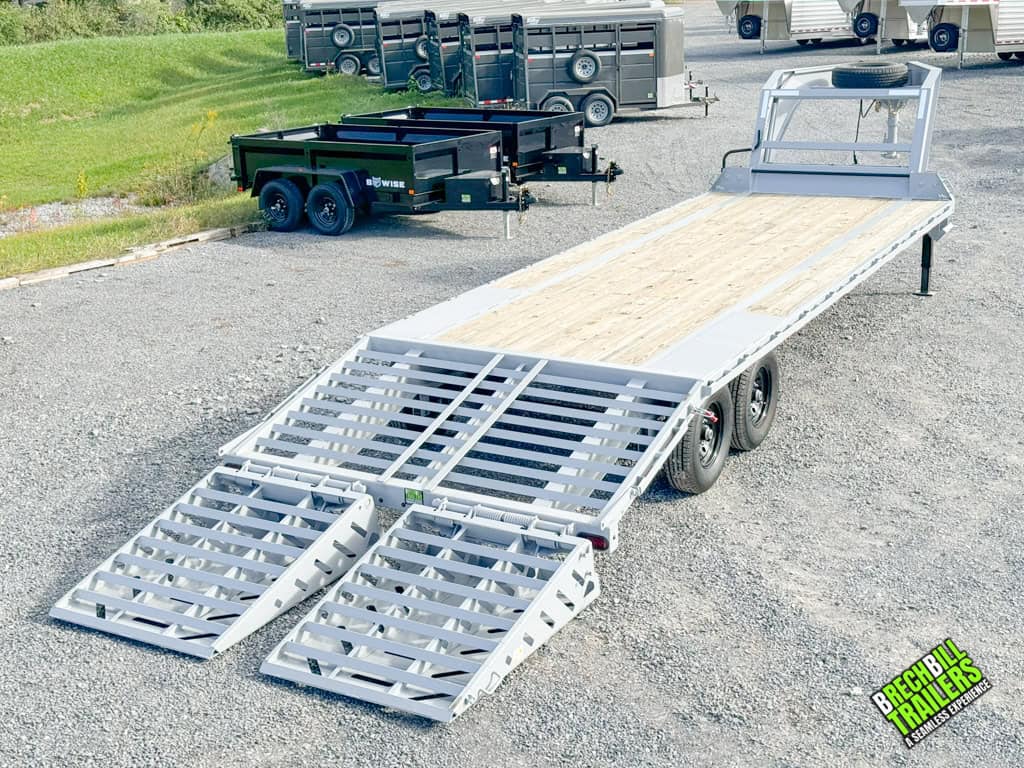 Back view of the Horizon 26ft Deck Over Gooseneck Trailer with ramps down.