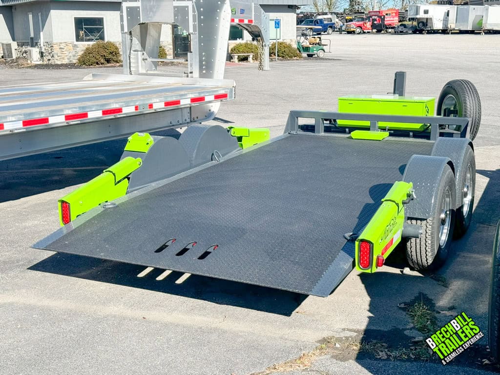 Lime green and charcoal FlatTrak Scissor lift trailer