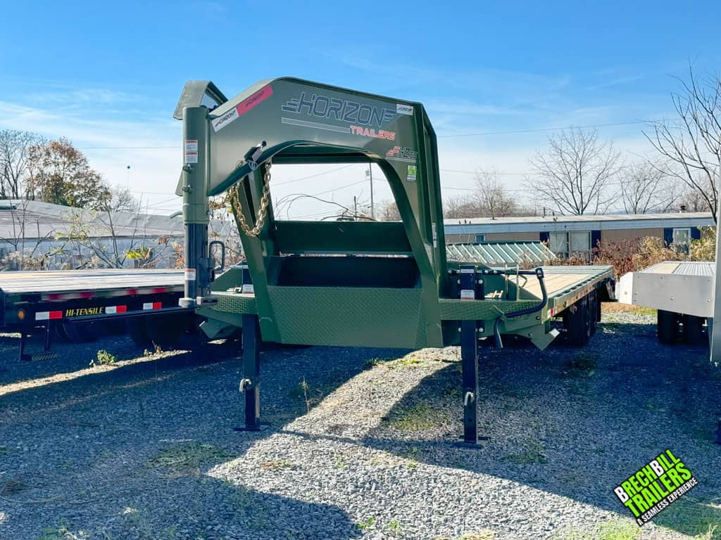 Front view of a green Horizon FHZss gooseneck trailer with 30ft deck