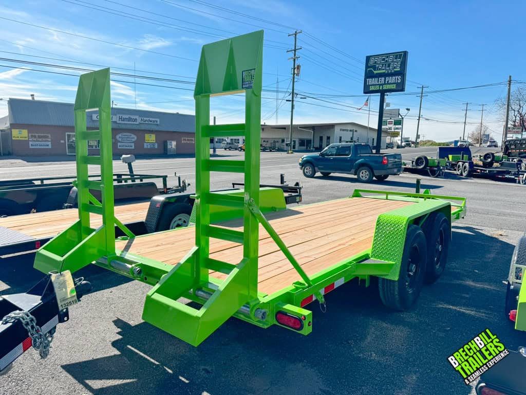 Bwise Low Pro Equipment Trailer with 18ft wood deck and bright lime green ladder ramps