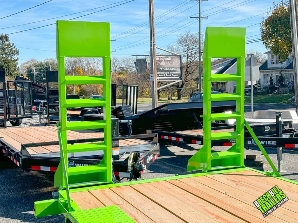 Lime green ramps lifted on a Bwise EH18-12 trailer