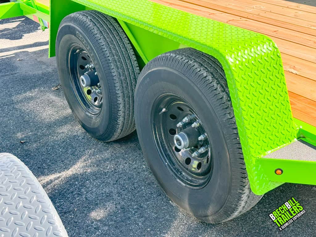 Bright lime green metal fenders on the Bwise EH18-12 low pro equipment trailer.