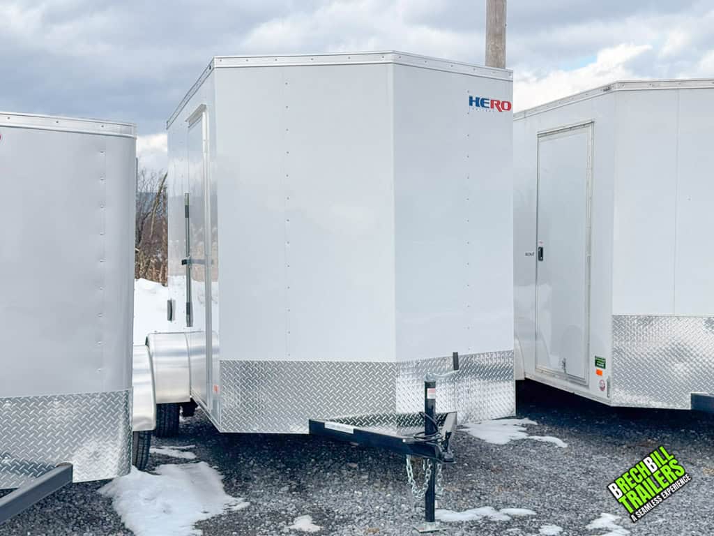 Front of the white new Bravo Hero 3K Enclosed Cargo Trailer