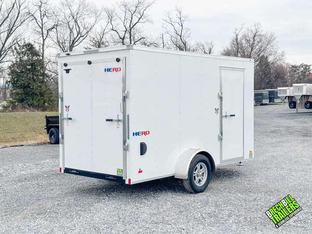 A white Bravo Hero 3K Enclosed Cargo Trailer
