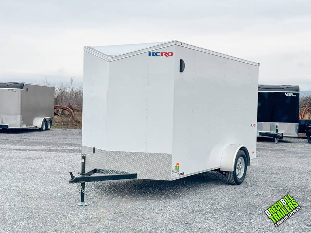 A white Bravo Hero 3K Enclosed Cargo Trailer
