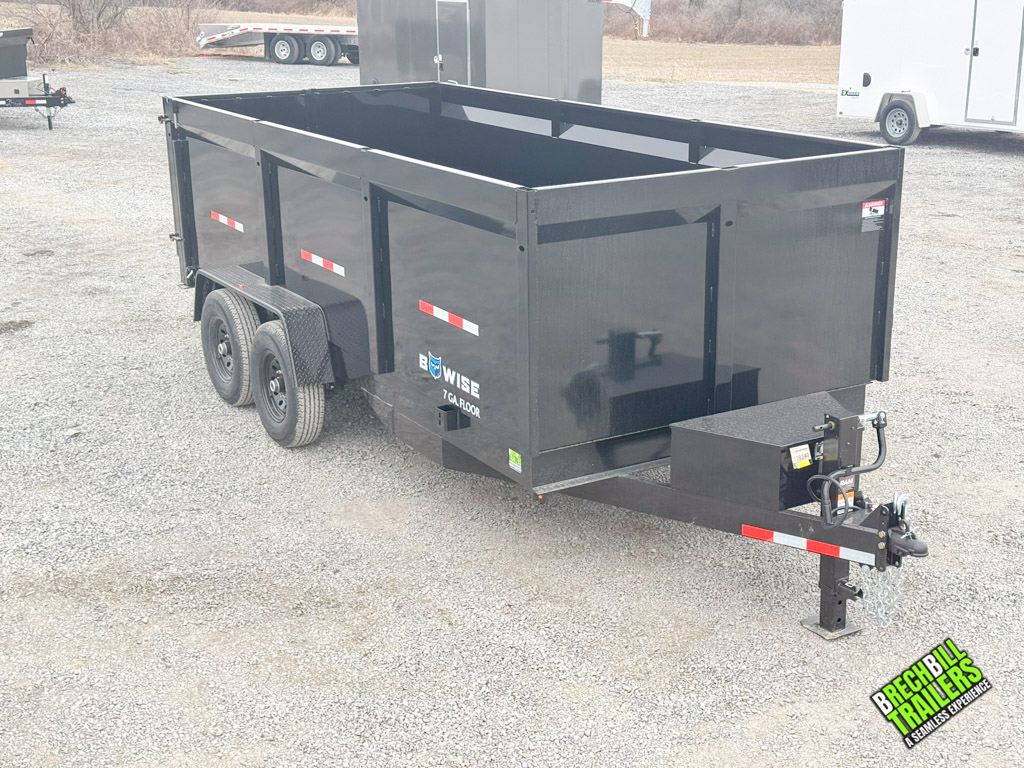 Front view of a parked Bwise 14k LP LE low pro dump trailer for sale
