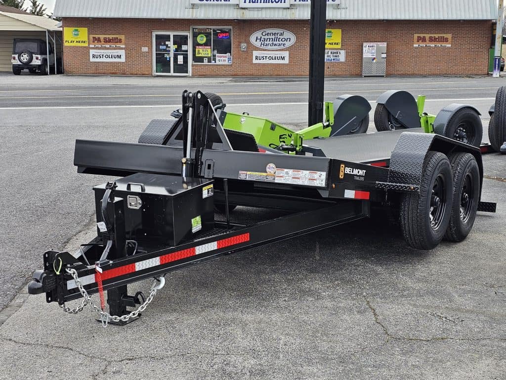 Display of a new Belmont hydraulic tilt trailer for sale