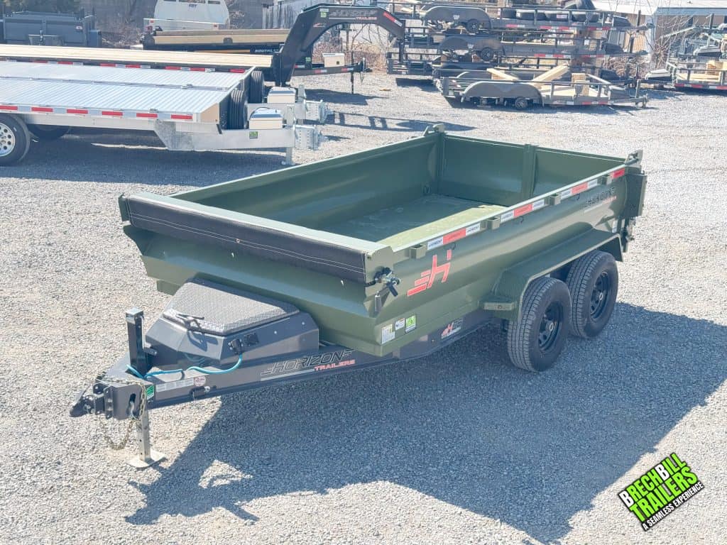 Gray Horizon trailer with green dump bed and tarp kit