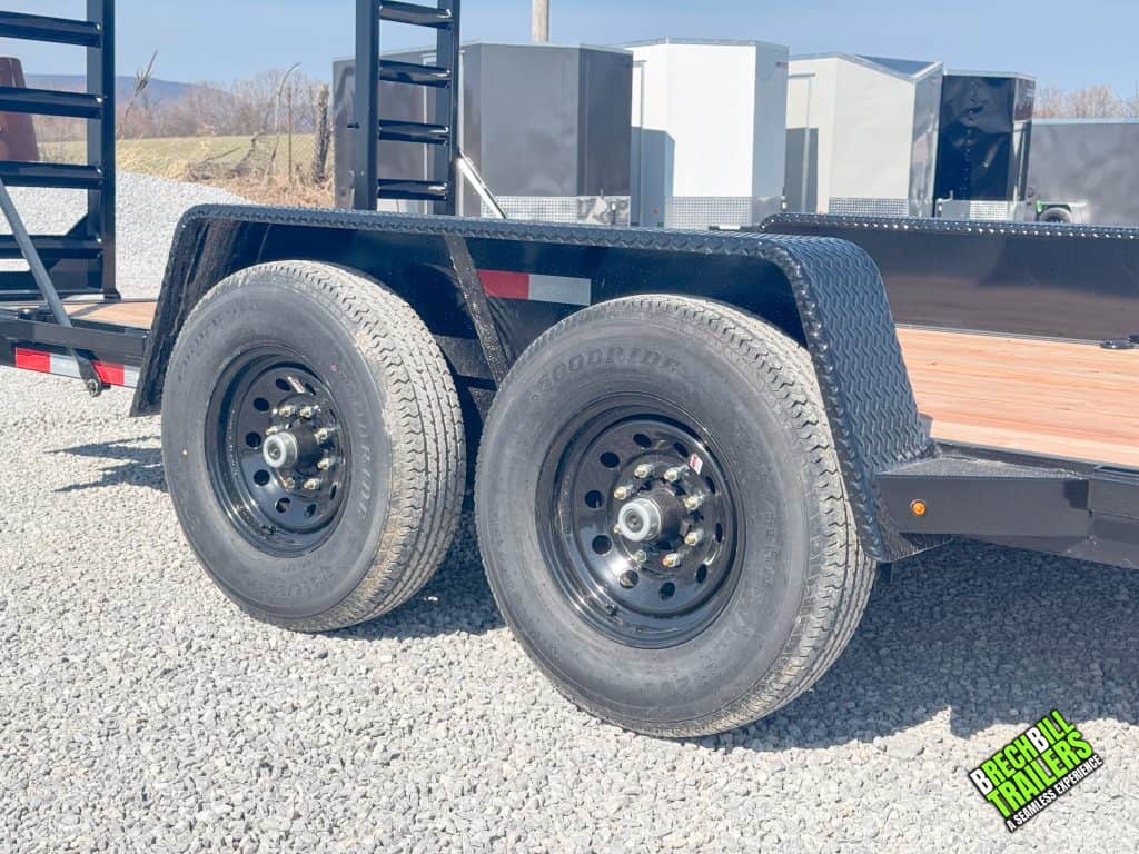 Black wheels on the Bwise trailer with ladder ramps in the back