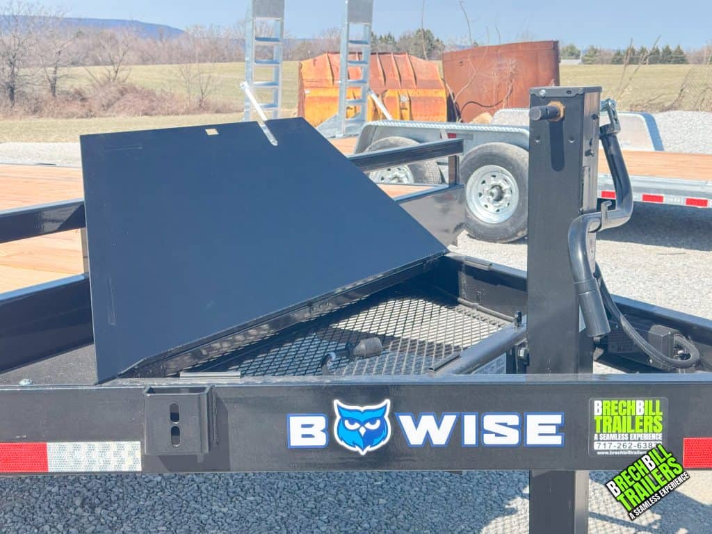 Bwise 14K Deck Over Equipment Trailer's tool box open for display