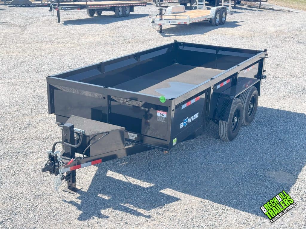 Front view of a new black Bwise dump trailer for sale