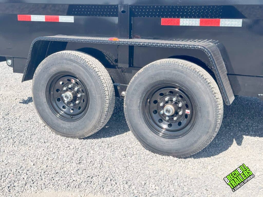 Black wheels and new tires on the Bwise LP LE Low Pro 14k Dump Trailer