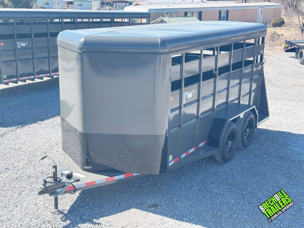 A parked Valley 12K Stock Trailer for sale.