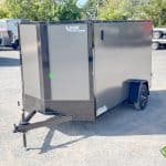Charcoal enclosed trailer with black aluminum wheels for sale