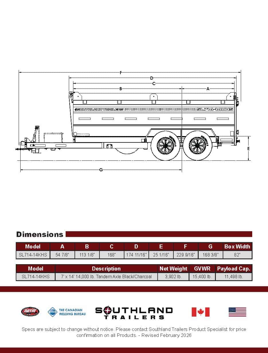 Southland 15K Tandem Axle High Side Dump Trailer 7x14 (SL714-14KHS) 3 SL714 14KHS 2026 V2 Page 2