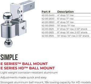 Fastway Flash 42-00-2825 E Series HD Adjustable Aluminum Ball Mount with 8 Inch Drop, 2.5 Inch Shank, and Chrome Plated Balls