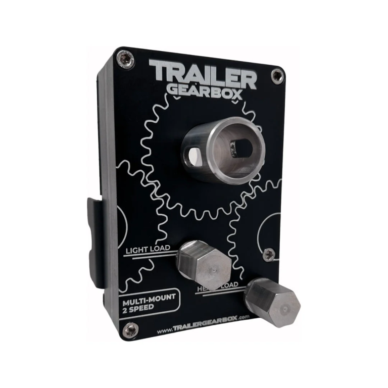 Multi-Mount Dual Speed trailer gearbox, angled view showing 1" input shaft and Light Load and Heavy Load drill inputs