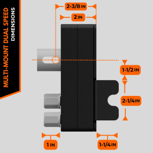 Multi-Mount Dual Speed gearbox side dimensions: 2-3/8 inch depth, 1-1/4 inch bracket offset